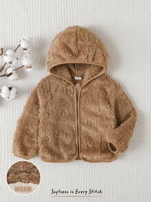 Cozy Pixies 嬰兒女童男童卡通動物豹紋抓絨內裡加厚連帽拉鍊長袖外套夾克，適合冬季 - 卡其色 - 查看 9