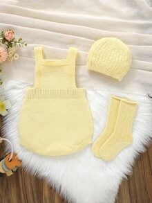 SHEIN Vintaside Kids Newborn Baby Solid Color Button Design Casual Knit Romper - Yellow - View 2