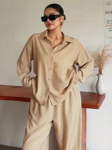 Dazy Plus Solid Color Casual Traditional Loose Long Sleeve Shirt And Wide Leg Pants 2 Pieces Set, Fun Commute Outfit Autumn Formal Vacation Beige - Khaki - View 5