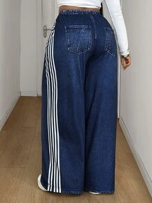 Maweii Plus Size Navy Blue Effect Print Contrast Stripe Drawstring Waist Sweatpants Airport Workout Summer Casual Western - Multicolor - View 4