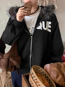 Dazy Plus Plus Size Thermal Lined Thick Letter Print Patchwork Fur Collar Hooded Sweatshirt, Autumn/Winter Streetwear Casual Design - Black - View 10