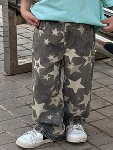 Hapijoa Young Boy Fashion Star Pattern Printed Denim Jeans With Pockets Fall - Army Green - View 3