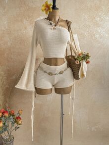 Soleia Women's Plus Size Apricot Asymmetric Shoulder Bell Sleeve Sweater And Knitted Shorts Set Fall - Apricot - View 1