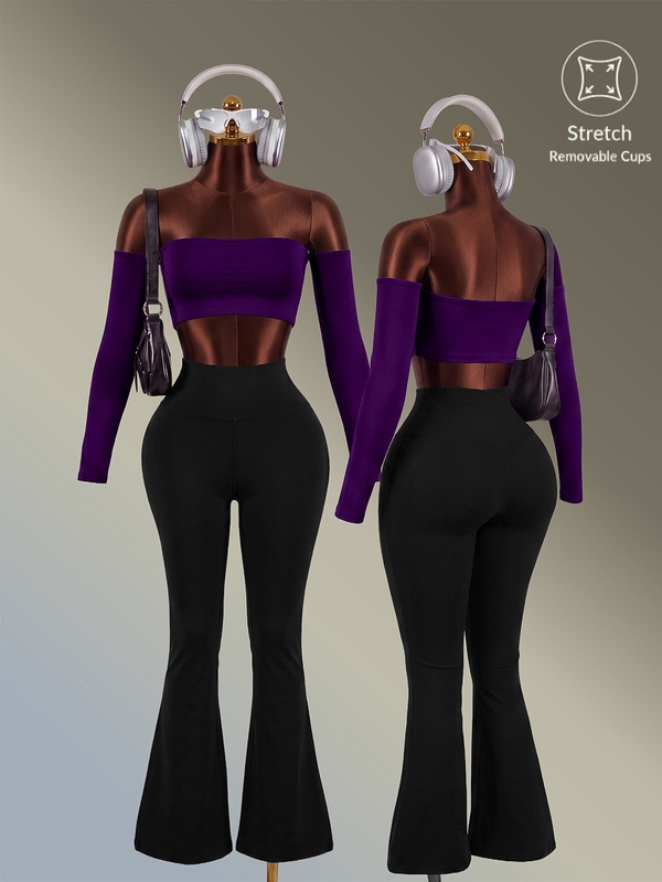 Amplova-E Women's Purple Off-Shoulder Fitted Long Sleeve Sports T-Shirt Breathable Soft Fabric Casual White Workout Summer Autumn All Season