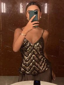 Livesso Women's Summer Fashion Sequin Camisole - Gold - View 3