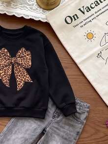 Young Girls Sweatshirt Set, Sweet & Cool Leopard Print Bowknot Outfit, Loose Print Sweatshirt Paired With Flared Pants, & Unique, Versatile 2 Pieces Set For Autumn Outings - Multicolor - View 5