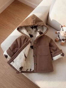 SHEIN Playful Pals 男嬰休閒經典燈芯絨印花抓絨內裡前口袋前扣連帽長袖外套 秋冬款 - 棕色 - 查看 4