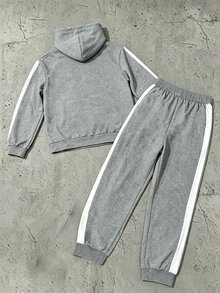 青少年男孩純黑色厚款戶外連帽落肩運動衫與時尚休閒運動慢跑長褲2件套 - 淺灰色 - 查看 2