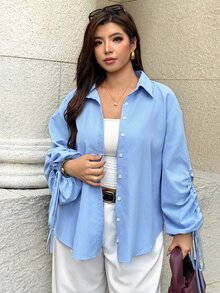 Easura Kemeja Lengan Panjang Bertali Serut Desainer Ukuran Besar untuk Wanita, Musim Gugur - Biru - View 6