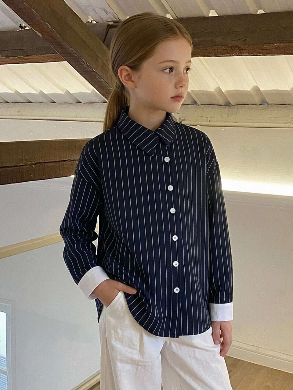 Tween Girl) Long Sleeve Striped Patchwork Casual Fashion New Style Shirt, Autumn/Winter Top