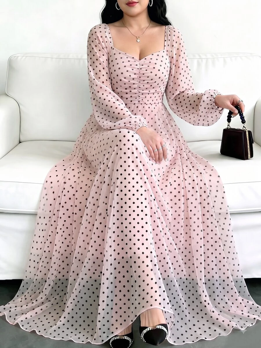 Modelyn Spring/Autumn Polka Dot Cinched Cinched Waist Elegant Fashionable Flared Long Dress - Multicolor - View 1