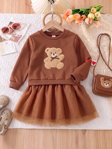 SHEIN Playful Pals 女童獨特鉤編愛心拼接套頭洋裝，粉色網紗下擺，甜美可愛時尚秋季愛心造型洋裝 - 棕色 - 查看 1