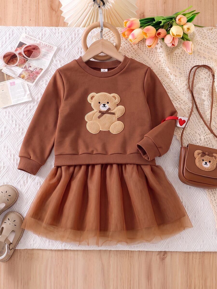 SHEIN Playful Pals 女童獨特鉤編愛心拼接套頭洋裝,粉色網紗下擺,甜美可愛時尚秋季愛心造型洋裝 - 棕色 - 查看 1