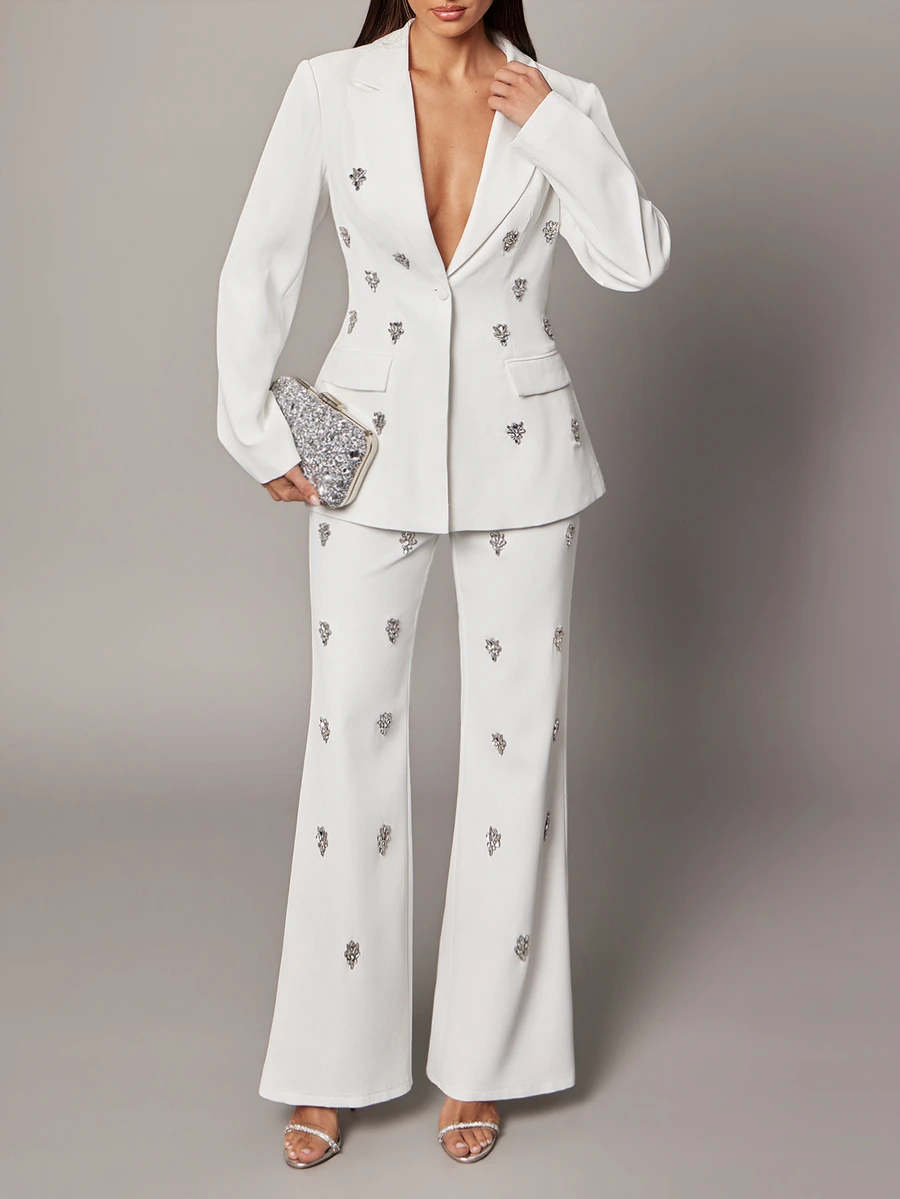 Silquee Women's Elegant White Stretch Twill Kick-Flare Trousers With Rhinestone Embellishment Perfect For Parties, Various Social Gatherings, Formal Banquets,