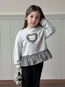 DAZY Sweatshirt Bayi Perempuan (Leher Bulat) Lengan Panjang Motif Kotak-kotak Patchwork Musim Gugur - Grey - View 9