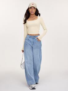 SHEIN BASICS 3件組女款純色針織長袖修身方領短版T恤，夏季服飾 - 彩色 - 查看 6