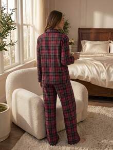 DAZY Women's Plaid Bowknot Long Sleeve Top And Pants Pajama Set Fall - Red - View 2