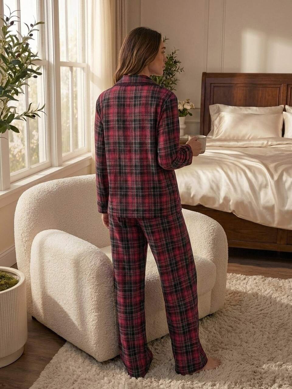 Women's Plaid Bowknot Long Sleeve Top And Pants Pajama Set Fall