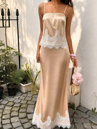 Sunnyshic Women's 2 Pieces Set: Satin Camisole Top & Lace Long Skirt