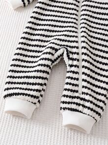SHEIN Babygirl Striped Knit Hooded Jumpsuit - Black and White - View 4