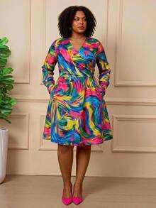 BrightlyHer Plus Size Women's Colorful Tie-Dye Print V-Neck Long Sleeve Cross Front Casual Dress Fall 2026 - Multicolor - View 2