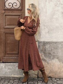 Brillora Brown And White Polka Dot Wrap Midi Dress, Long Sleeve V‑Neck For Summer Commute,Wrap Design, Clothes,Office Vacation Outfits,Christmas Boho - Brown - View 8