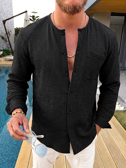 EGENSIO Men's Comfortable Small Checkered Fabric Long Sleeve Shirt, Single Pocket Single Row Button, Suitable For Formal Or Casual Occasions, Leisure Vacation, Dinner Party, Simple Office, Casual Home Wear, Versatile Style, Perfect For Yourself Or As A Gift For Friends, Hot-Selling Comfortable Fabric Shirt