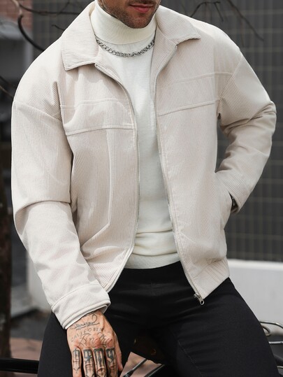Manfinity CasualCool Men's Casual Jacket With Turn-Down Collar, Corduroy Zip-Up Cardigan