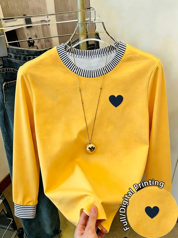 Resyla Autumn Casual Striped Patchwork Heart Print T-Shirt