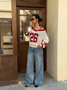 FavEase 女款秋季年輕休閒街頭風鏤空穿孔數字星星圖案提花V領露肩針織毛衣，日常外出穿搭，白色與紅色 - 彩色 - 查看 6