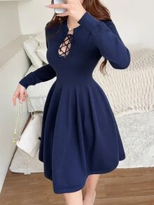 Feyla Women's Versatile Drawstring Tie Long Sleeve Sweater Dress - Navy Blue - View 4