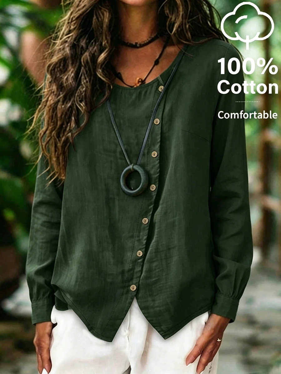 Holdful Holdful Women's Fashion Versatile Asymmetric Button Long Sleeve Shirt - Dark Green - View 1