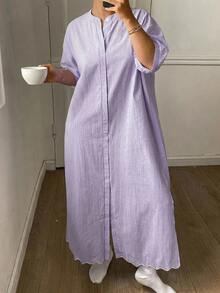 Dazy Plus Minimalist Mid-Length Solid Color Casual Hemline Wavy Edge Short Sleeve Loungewear Dress Nightgown - Purple - View 4
