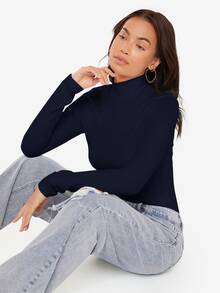 SHEIN BASICS High Neck Long Sleeves Rib-Knit Form Fitted Tee Tops For Women Black Tops - Navy Blue - View 5