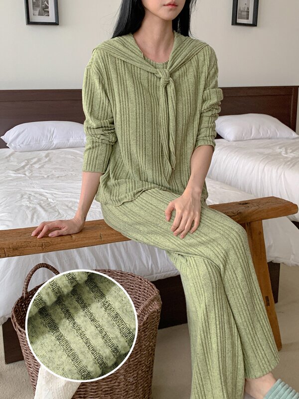 DAZY Autumn/Winter Brushed Comfortable Knit Shawl Collar Women's Pajama Set
