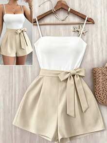 GlowEve Women's White Color Block Cami Jumpsuit, Bowknot Waist High Waist Slim Fit Romper Brunch Vacation Summer Elegant - Multicolor - View 6