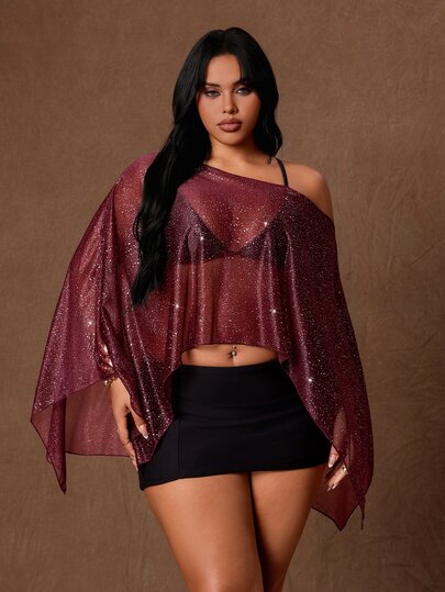 Rustia Top de fiesta glamuroso para mujer talla grande, de malla transparente con estampado de lámina, bajo asimétrico y hombro asimétrico