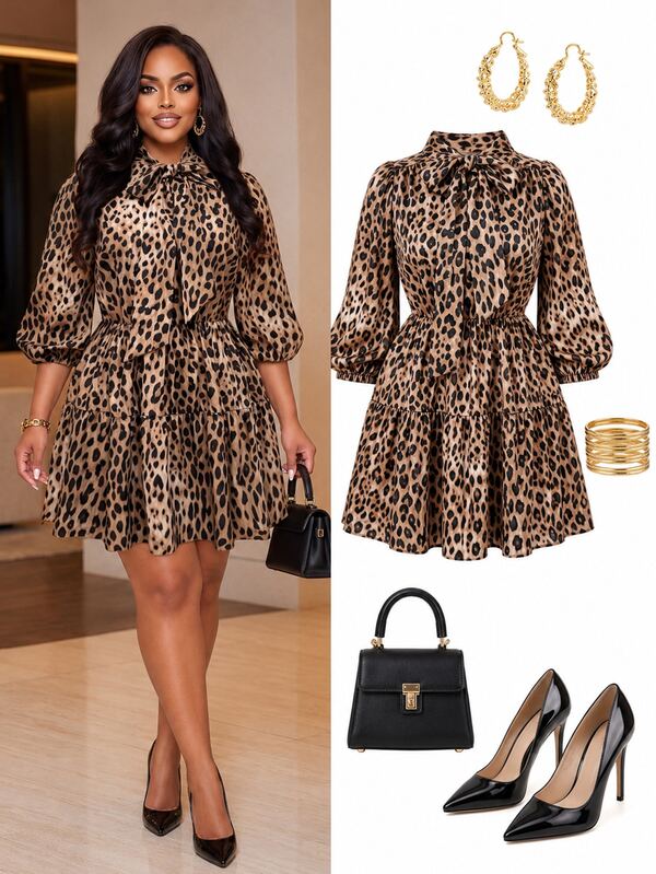 Poshavie Poshavie Plus Size Women's Classic Leopard Print Elegant Dress, Flowy Tie-Up Tiered Dress, Suitable For Outings, Dates, Afternoon Tea, And Commuting