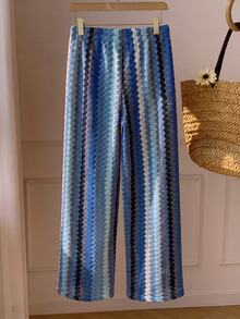 Comfortcana Women's Colorblock Striped Drawstring Waist Wide Leg Loose Long Pants - Blue - View 2