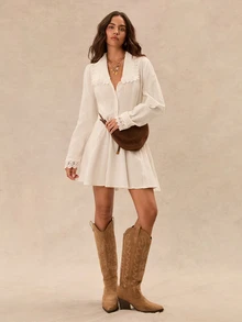 Easelle Vintage Bohemian V-Neck Embroidered Patchwork A-Line Short Dress For Women - White - View 1