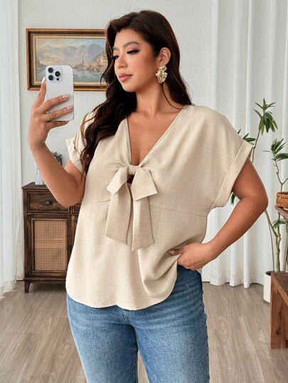 Weeklong Blus Wanita Minimalis Kasual Musim Semi/Panas, Longgar, Mirip Linen, Leher V, Lengan Dolman, Pita Depan, Ukuran Plus