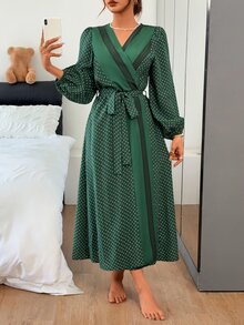 DAZY 格紋波點圖案寬鬆花瓣袖長袖長款女款睡袍 秋季 - 墨綠色 - 查看 3