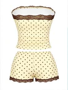 INAWLY Brown And White Polka Dot Polka Dot Print Bandeau Lace Patchwork Bow Decor Women 2 Pieces Set Lounge Summer Cute Sexy Y2k - Yellow - View 2