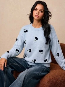 Poéselle 女款刺繡櫻桃舒適圓領長袖針織衫 - 藍色 - 查看 5