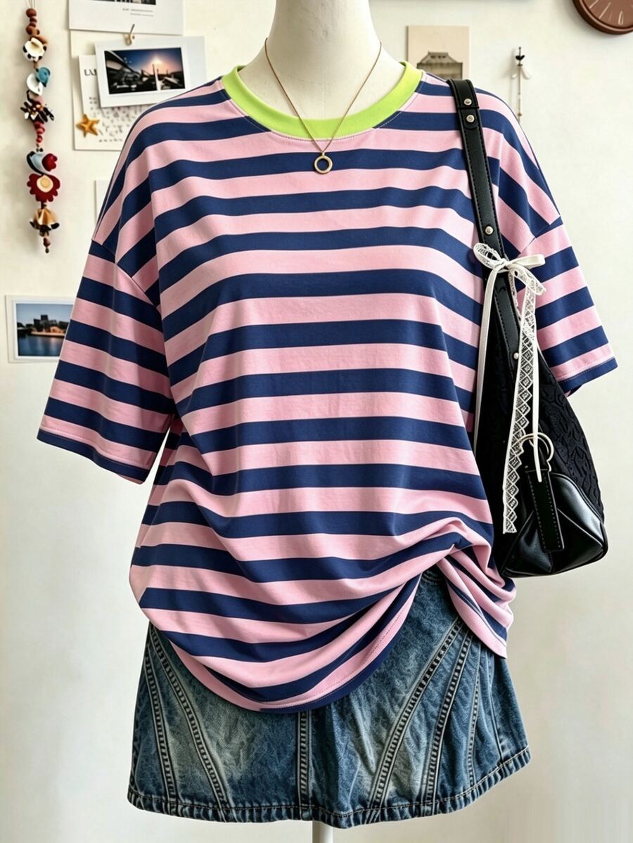 Resyla Plus Size Colorblock Loose Fit Crew Neck T-Shirt - Multicolor - View 1