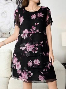 SHEIN Clasi Plus Size Fashion Floral Print Round Neck Dress For Vacation - Black - View 4