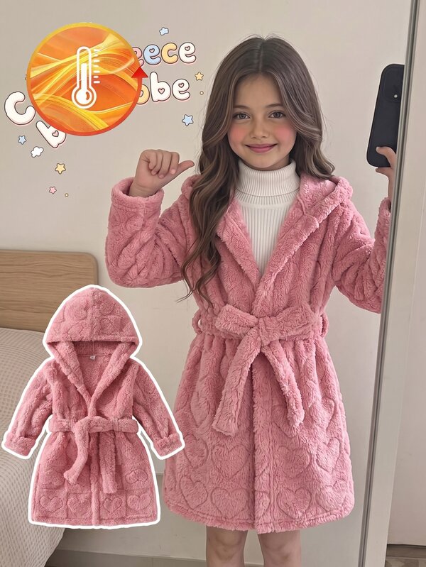 Girls' Comfortable Soft Plush Pink Heart Jacquard Hooded Belted Long Sleeve Robe