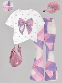 SHEIN Elladie kids 2件組復古粉色蝴蝶結印花T恤與喇叭褲，可愛夏季返校女童套裝，Y2K校園風，新款圓領短袖T恤搭配鬆緊腰喇叭長褲，簡約百搭時尚通勤套裝 - 彩色 - 查看 2