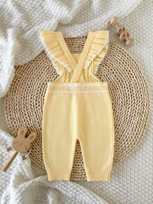 SHEIN Baby Girls Yellow Strap Knit Romper, Fashion Cute Long Pants Jumpsuit, Soft Fall Winter, Toddler Clothes Christmas Halloween Daily Travel Wear - Light Yellow - View 2