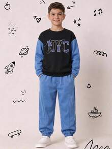 SHEIN Little Byeori 2件組兒童青少年男孩休閒韓風大尺寸圓領牛仔效果運動衫與鬆緊腰長褲套裝，適合秋冬、學校、家庭聚會、開學、運動、秋季穿搭、冬季穿搭、生日派對 - 彩色 - 查看 3